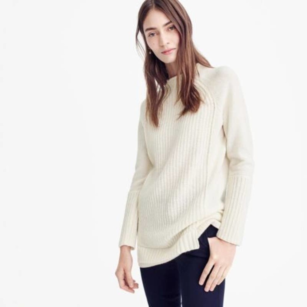 J. Crew Mockneck Tunic Sweater Cream Fine Wool Women's Small Mixed Fabric H4391